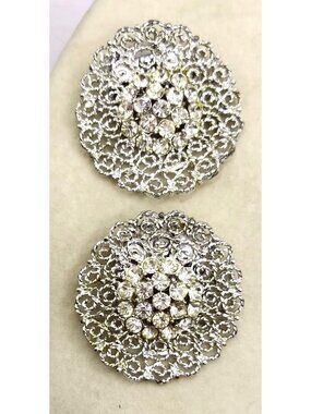 Large Silver Tone & Rhinestone Vintage Dress Clips - Filigree Design